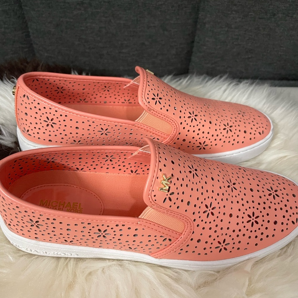 Pink Leather Floral Slip Ons